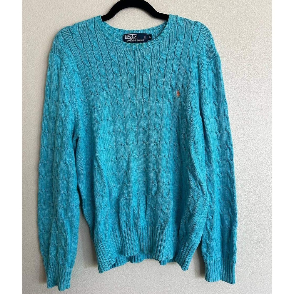 Polo Ralph Lauren Turquoise Blue Cable Knit Crewneck Sweater L Preppy Old Money